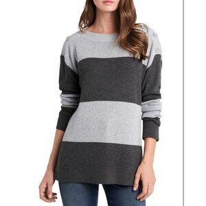 Vince Camuto Gray  Striped Button Shoulder Sweater Size Medium  NWT